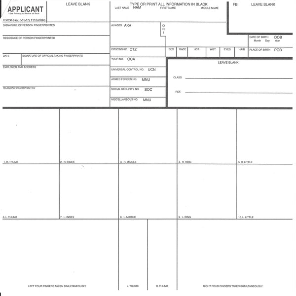 FD-258 Fingerprint Cards - Metro Spy Supply – Metro Spy Supply HSV
